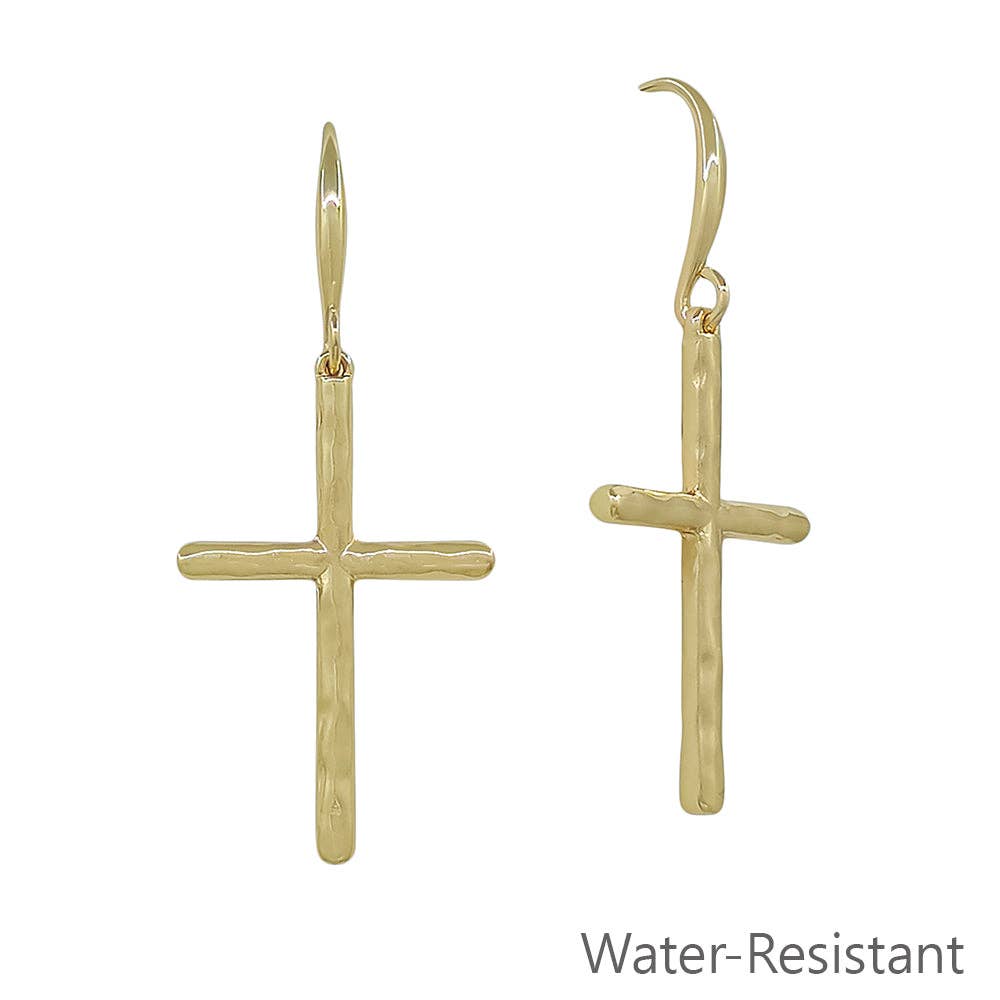 Water Resistant Hammered Gold 1.25" Cross Earring