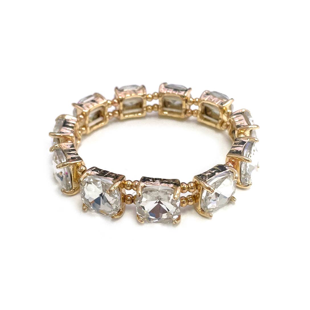 Clear Crystal Square and Gold Stretch Bracelet