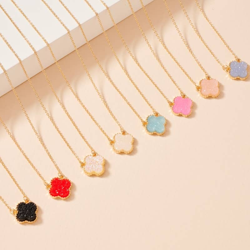 Flower Charm Druzy Stone Short Necklace