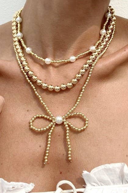 MULTILAYER BALL CHAIN BEAD PEARL BOW NECKLACE | 40NK9455