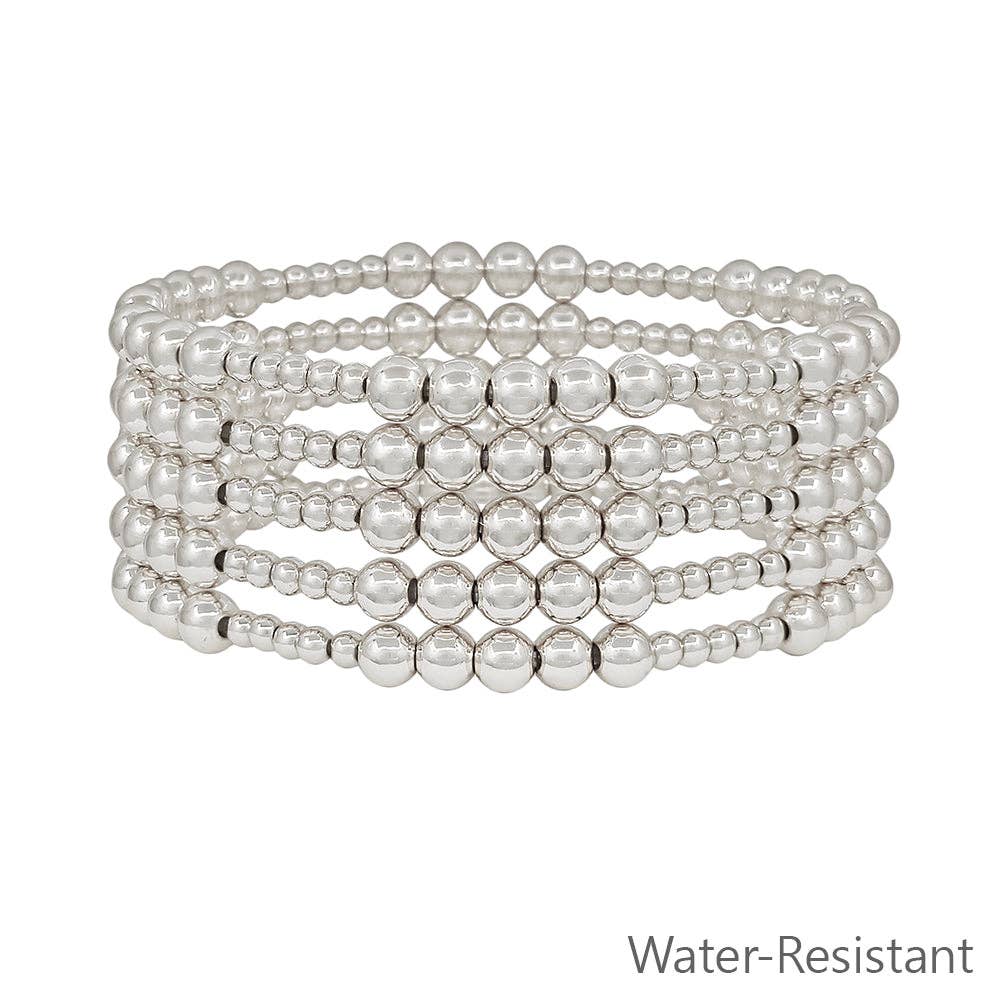 Set of 5 5MM & 3MM Beaded Silver Stretch Bracelet