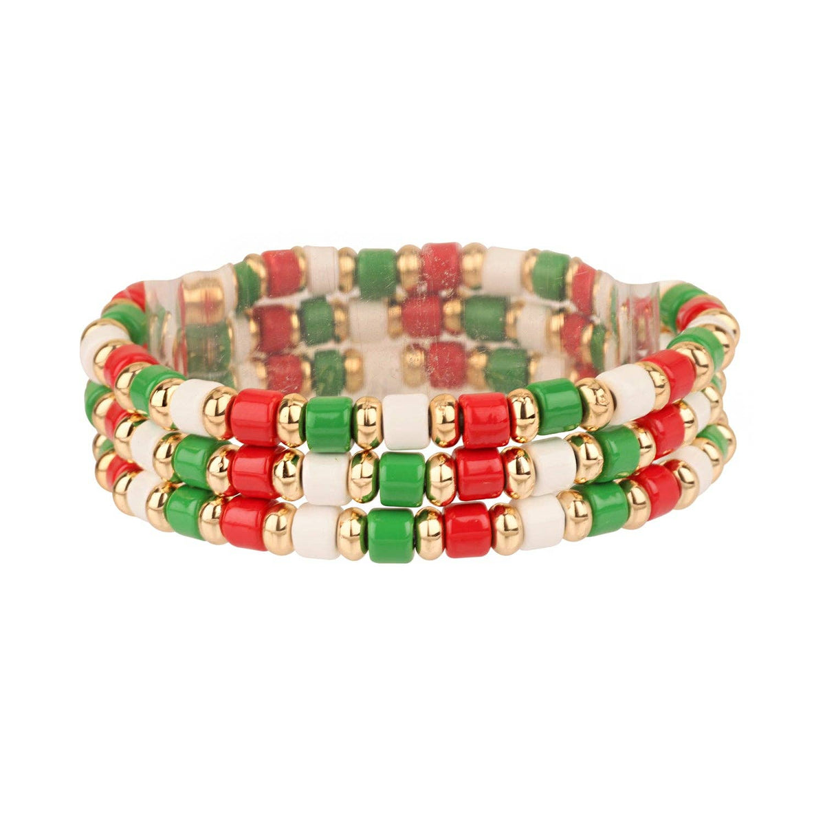 Red, Green, and White Beaded Set of 3 Christmas Stretch Bracelets
