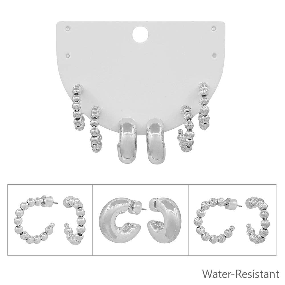 Set of Three Silver Beaded Huggie Hoops