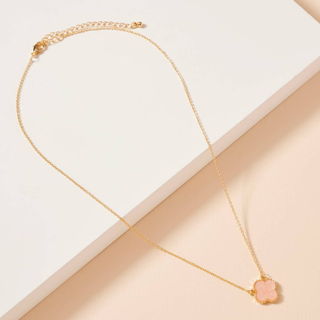 Flower Charm Druzy Stone Short Necklace