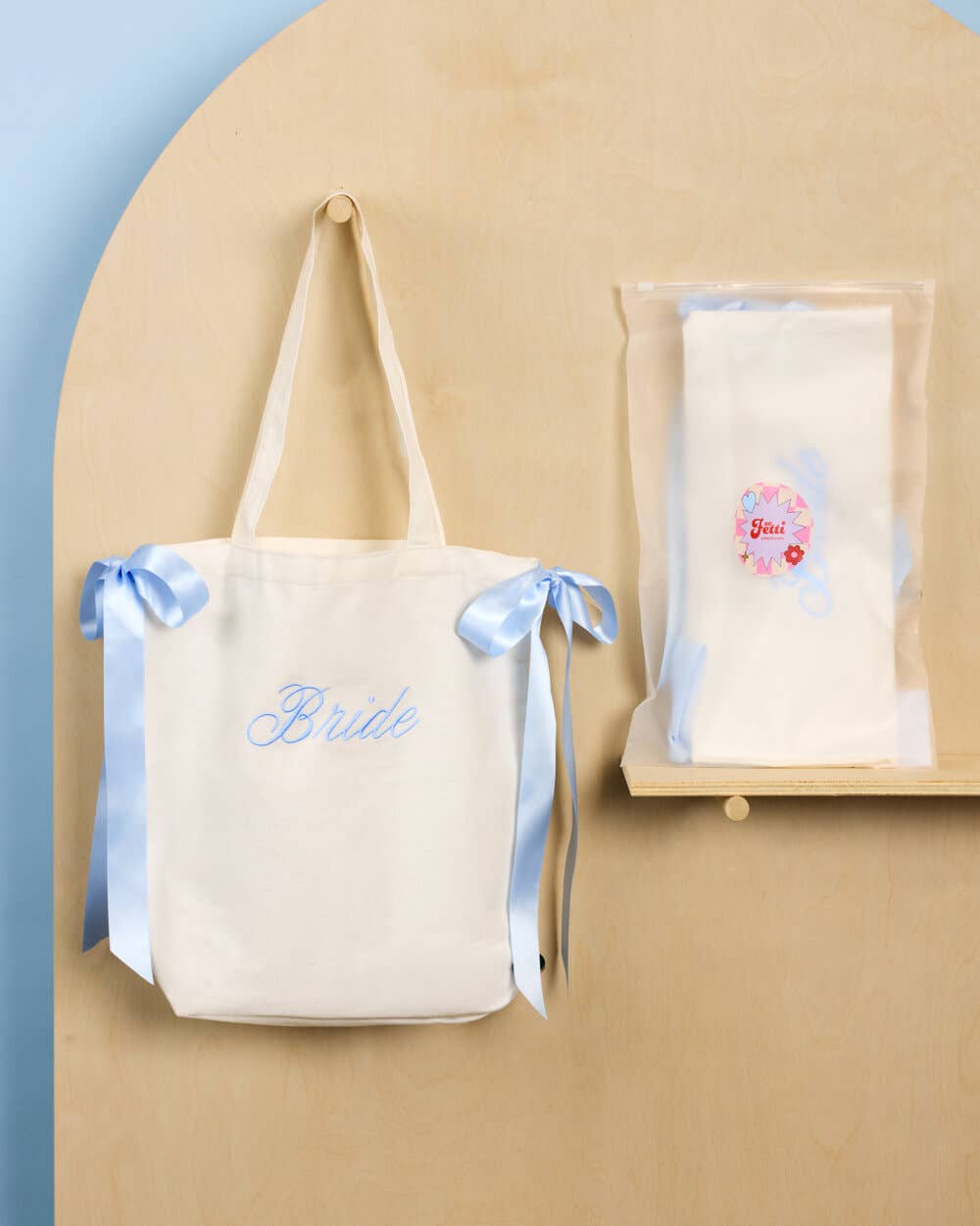 Bride Canvas Tote Bag | White, Blue Bow, Bachelorette, Bride