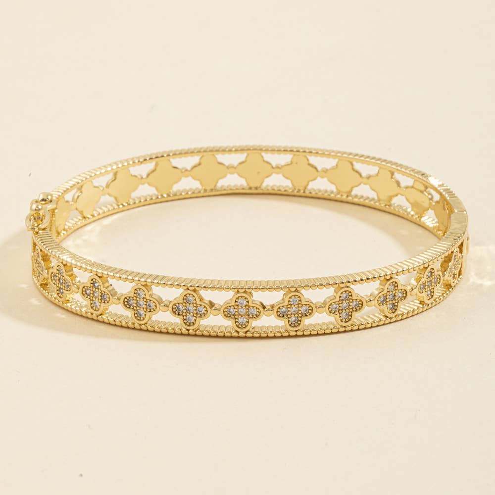 Milgrain Edge Pave Cz Clover Bangle Bracelet