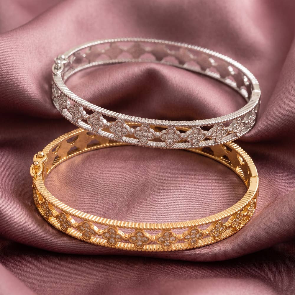 Milgrain Edge Pave Cz Clover Bangle Bracelet