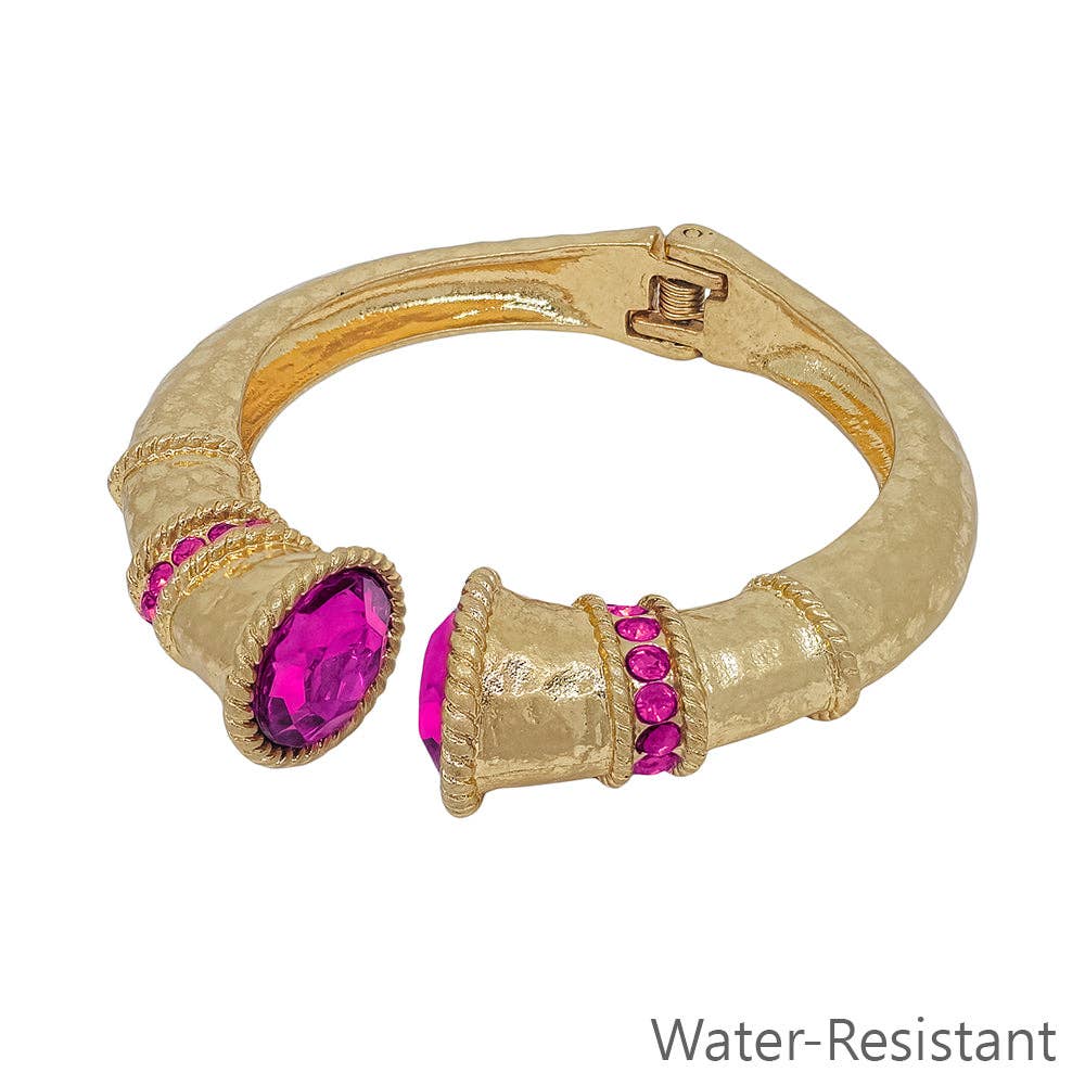Water Resistant Worn Gold Classy Hinged Bracelet with Pink Crystal Accents