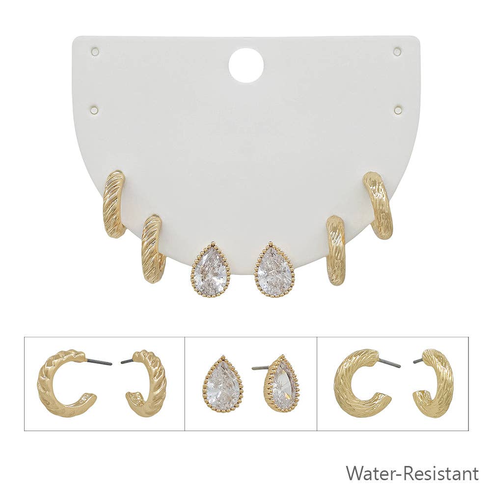 Set of 3 Gold Crystal Teardrop, and Textured Huggie Hoops