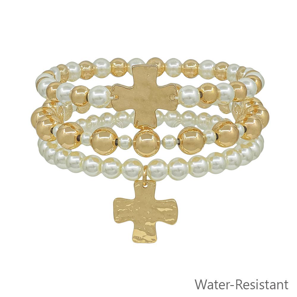 Water Resistant Gold Beaded and Pearl with Cross Set of 3 Stretch Bracelets