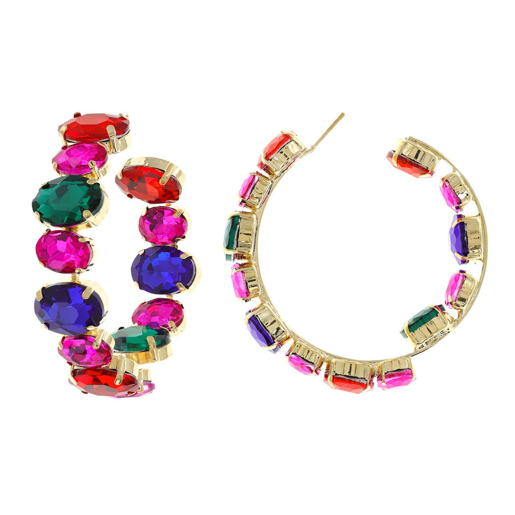 Oval Rhinestone Lined Half In Half Out Hoop Earrings
