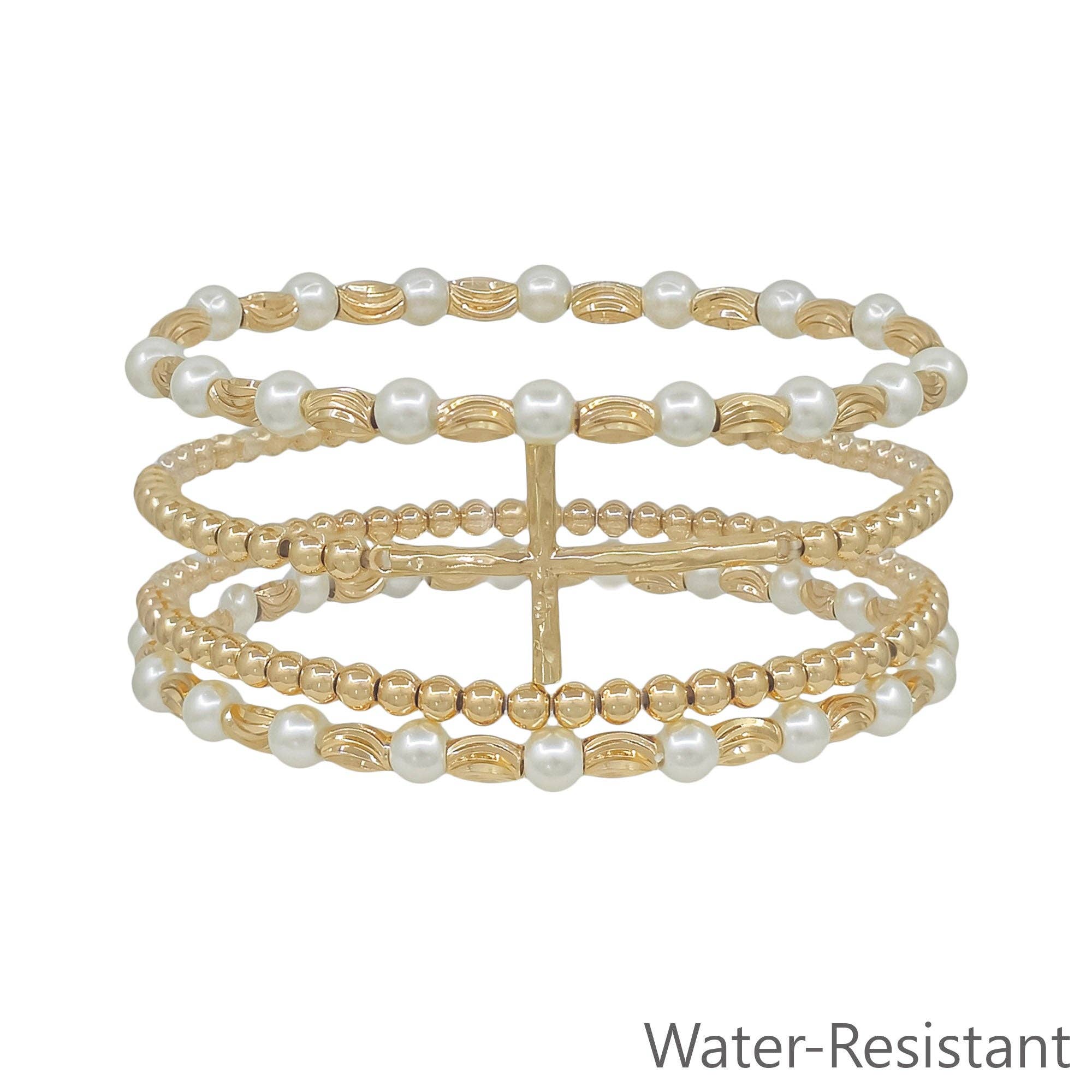 Water Resistant Set of 4 Gold and Pearl Beaded with Thin Cross Stretch Bracelets