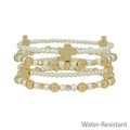 Water Resistant Pearl and Gold Beaded with Cross Set of 4 Stretch Bracelets