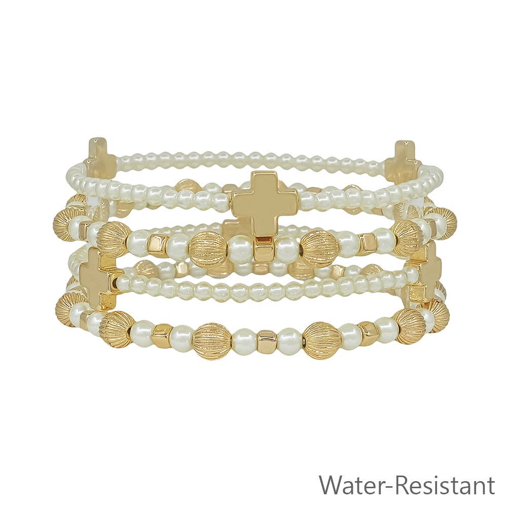 Water Resistant Pearl and Gold Beaded with Cross Set of 4 Stretch Bracelets