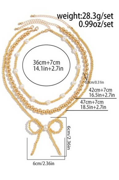 MULTILAYER BALL CHAIN BEAD PEARL BOW NECKLACE | 40NK9455