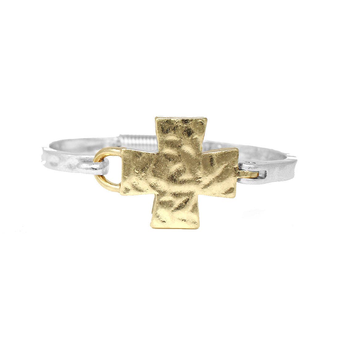 Worn Gold Hammered Cross on Silver Hinged Bracelet