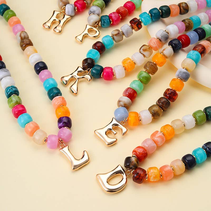 Multi Chunky Beaded Initial Charm Necklace Set | 40NK9655