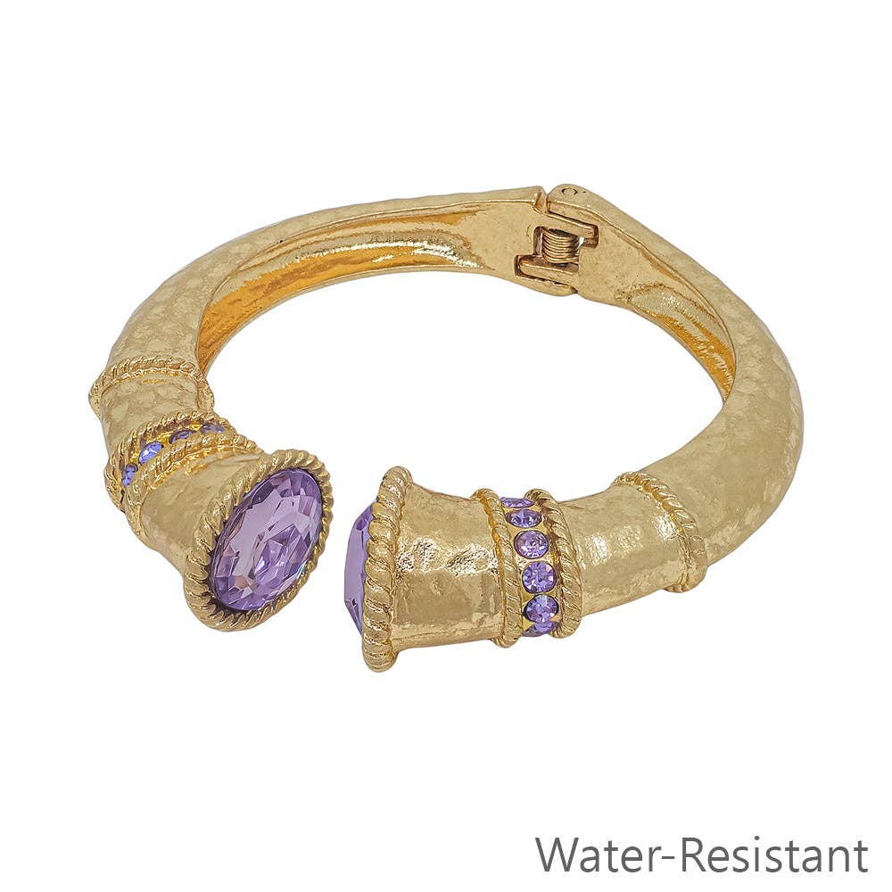 Water Resistant Worn Gold Classy Hinged Bracelet with Purple Crystal Accents