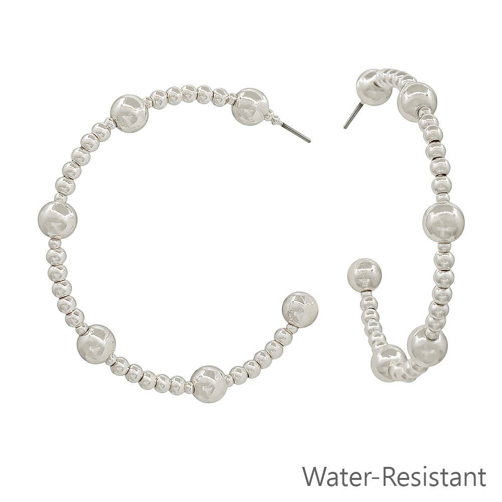 Water Resistant Silver Beaded with 6MM Silver Beaded 2" Hoop Earring