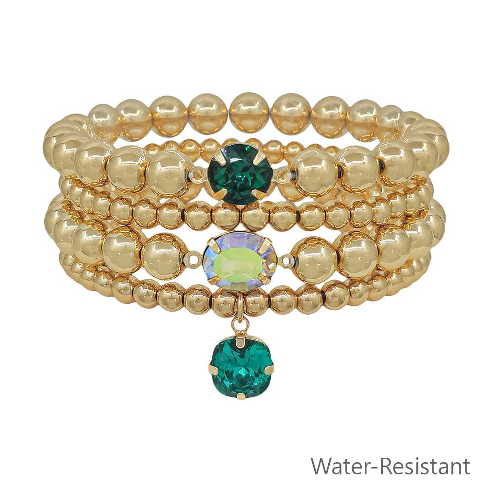 Water Resistant Gold Beaded with Emerald Green Crystal Accents Set of 4 Stretch Bracelets