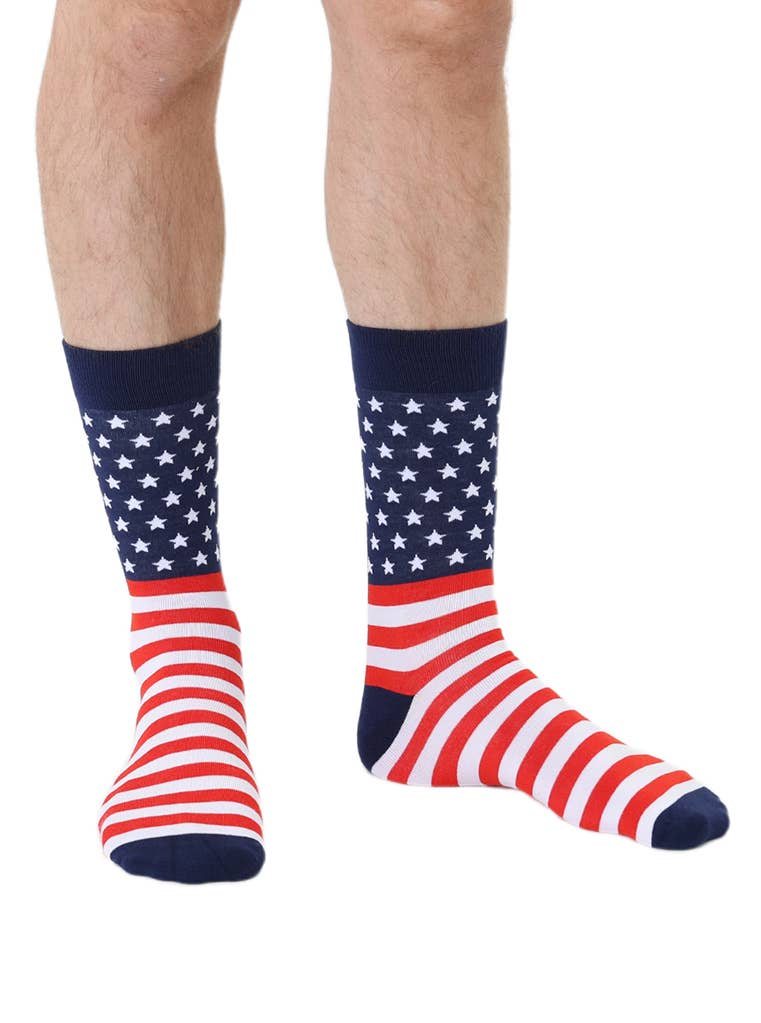 Men's Bamboo Crew Socks - American / USA Flag - Blue & Red