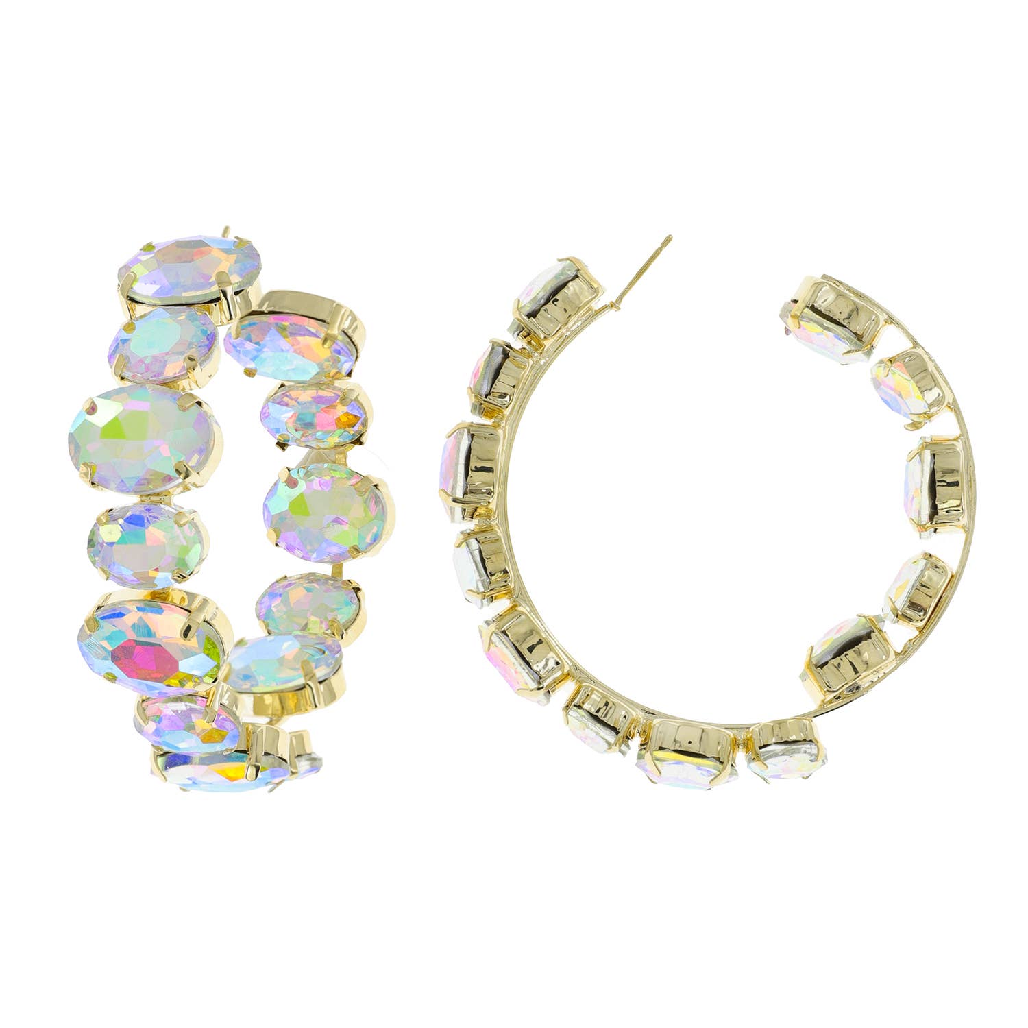 Oval Rhinestone Lined Half In Half Out Hoop Earrings