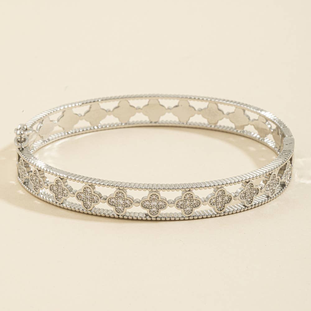 Milgrain Edge Pave Cz Clover Bangle Bracelet
