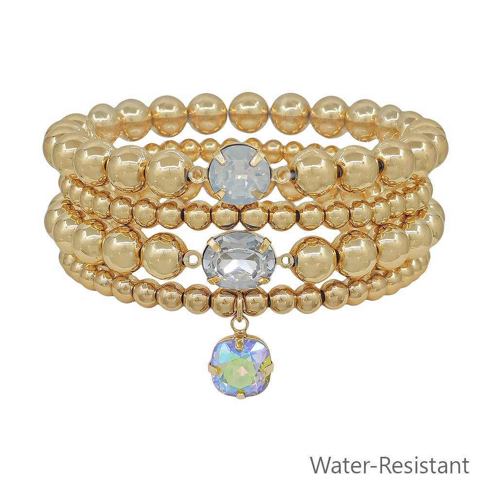 Water Resistant Gold Beaded with Clear AB Crystal Accents Set of 4 Stretch Bracelets