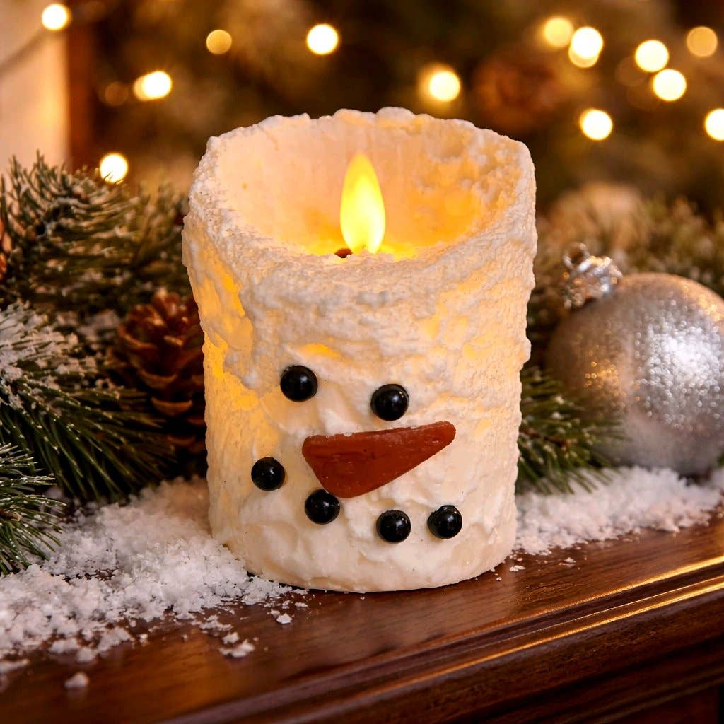 Snowman Bumpy White Moving Flame LED Candle 3in by 4in