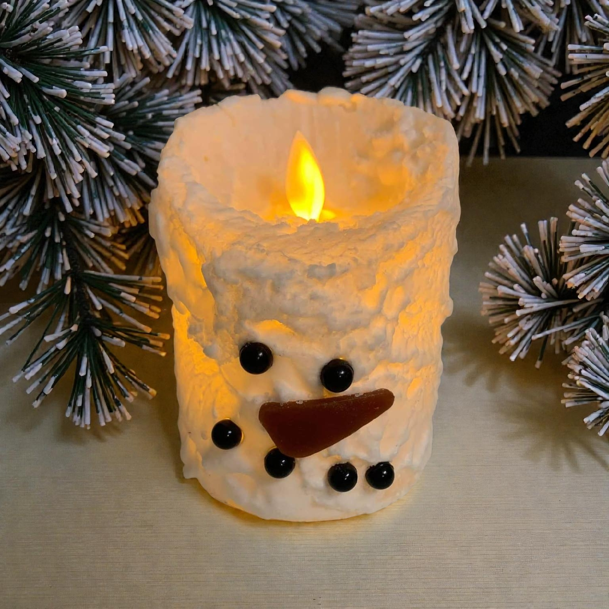 Snowman Bumpy White Moving Flame LED Candle 3in by 4in