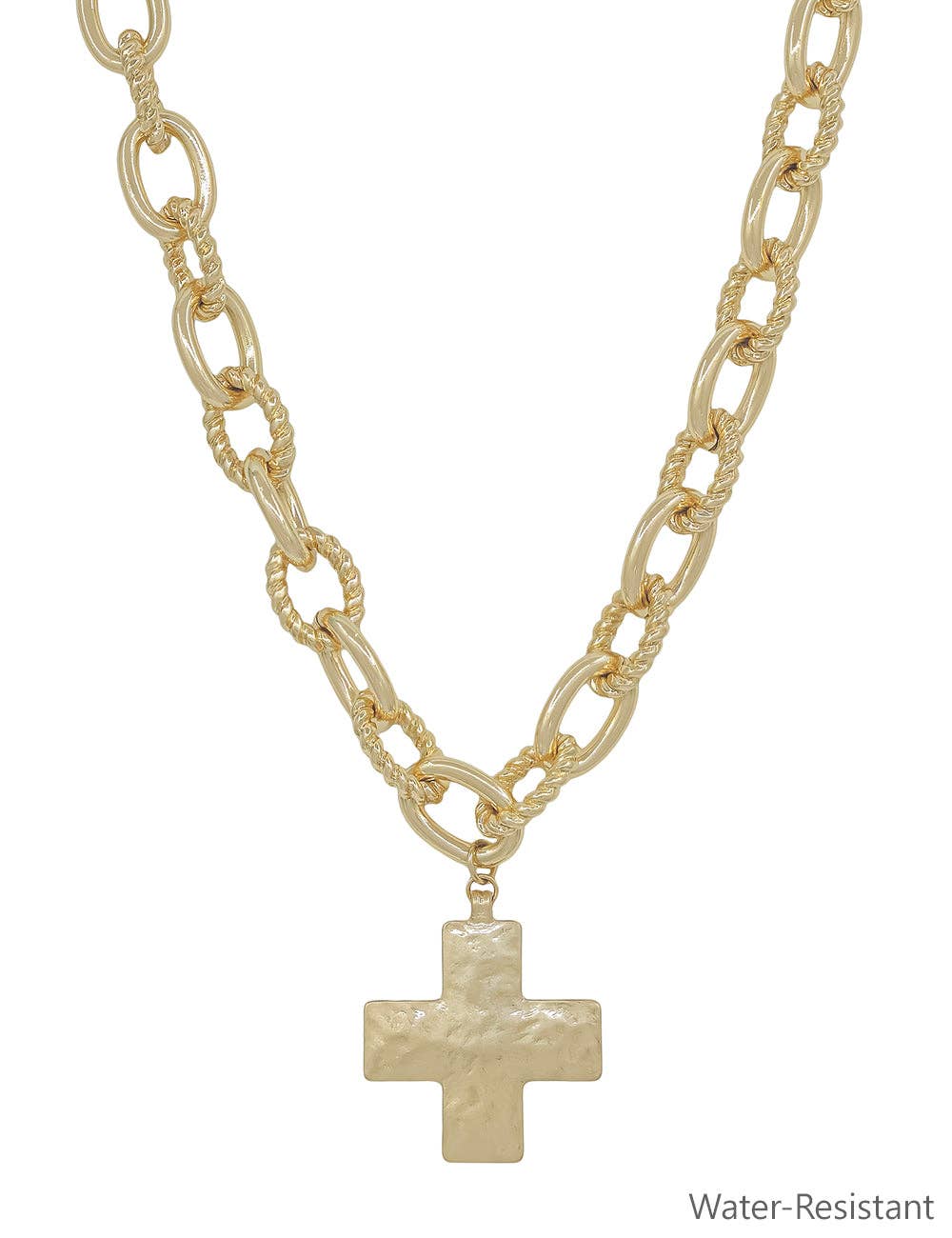 Water Resistant Chunky Gold Chain with Hammered Cross 16"-18" Necklace