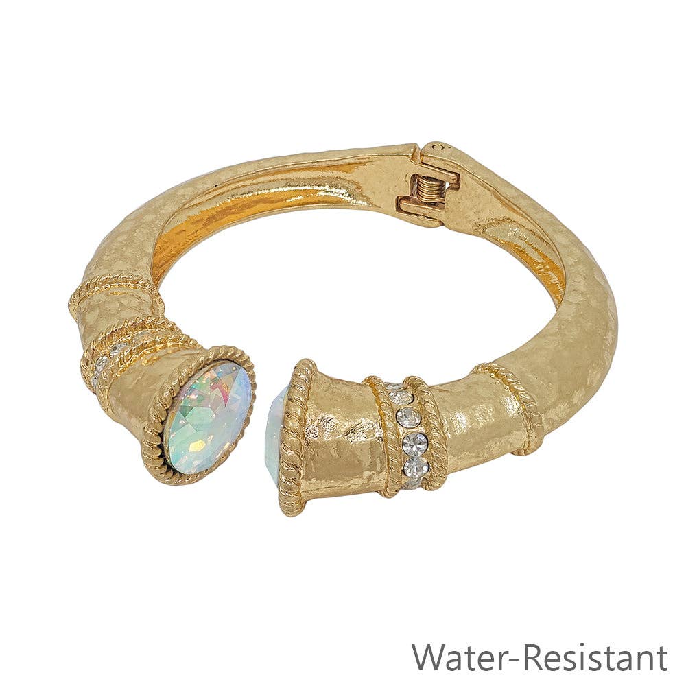 Water Resistant Worn Gold Classy Hinged Bracelet with AB Clear Crystal Accents